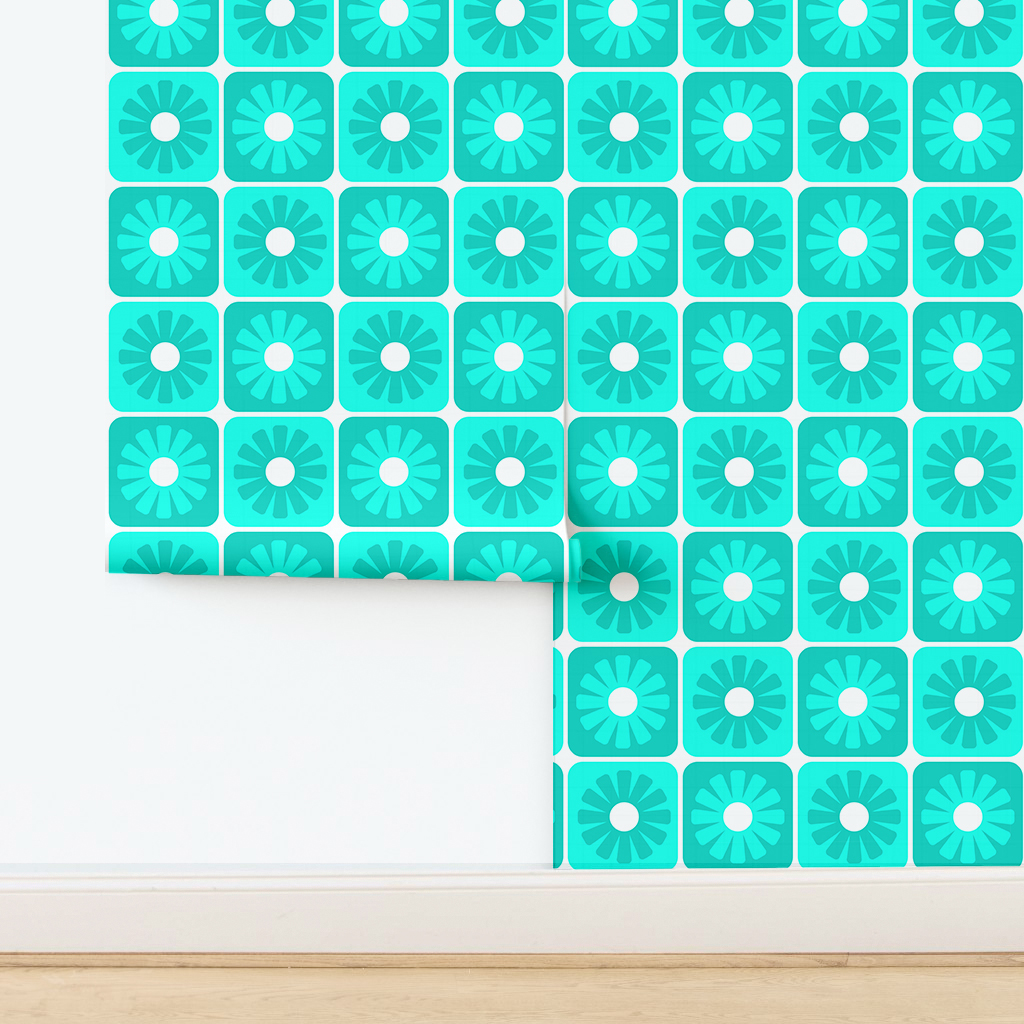 An abstract composition featuring irregular, rounded shapes in vibrant colors. The main colors include bright green, lime green, turquoise, and dark blue, all separated by white, jagged outlines. The shapes overlap and intersect dynamically, forming an energetic and playful pattern. The overall texture has a fabric-like appearance with subtle horizontal and vertical lines running through the colors.